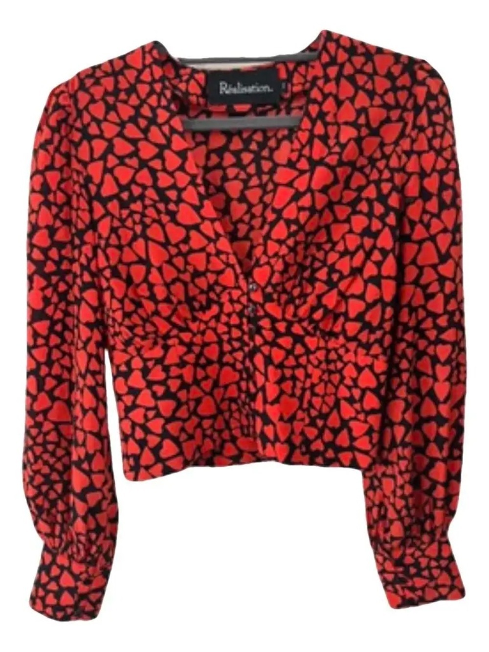 REALISATION PAR - Silk Black and Red Heart-Print V-Neck Blouse - medium